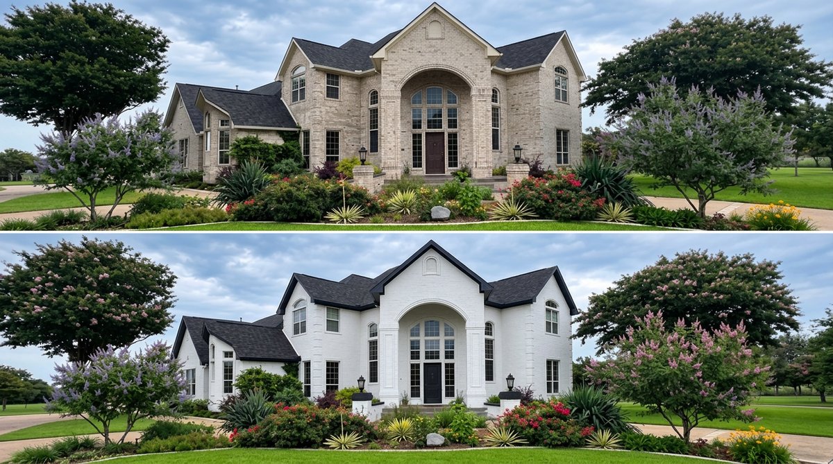 Before and after exterior paint refresh on a large stone estate home