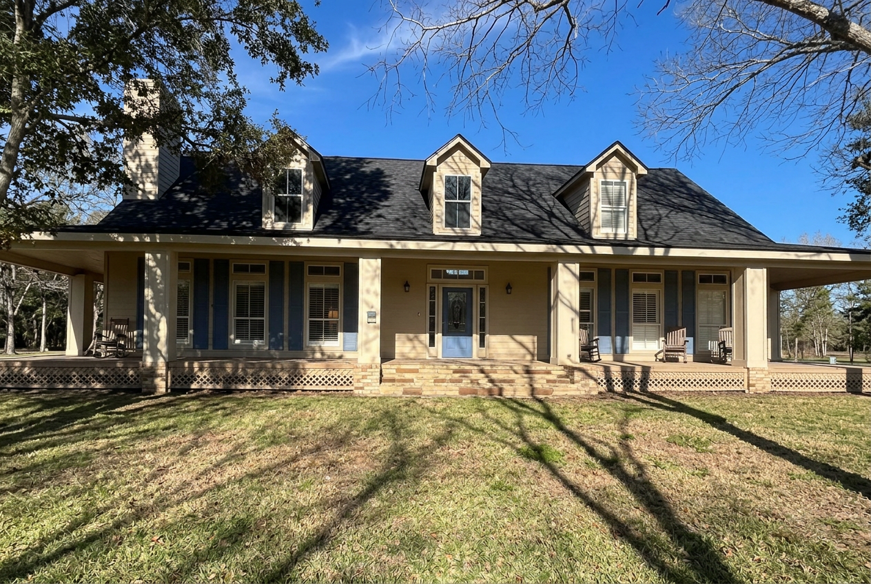 Country home with dark architectural shingles and three dormer windows