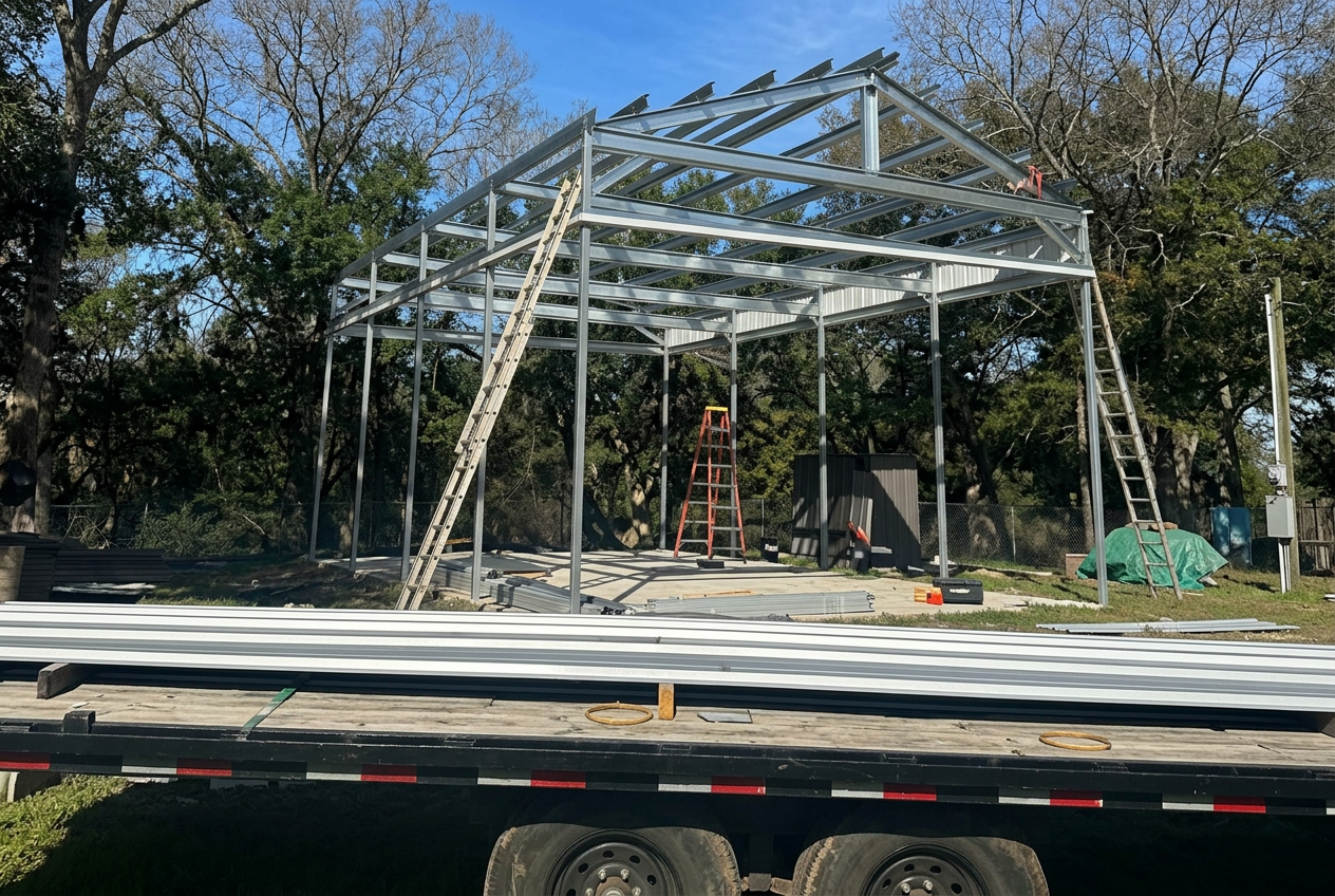 New metal roof structure framing installation